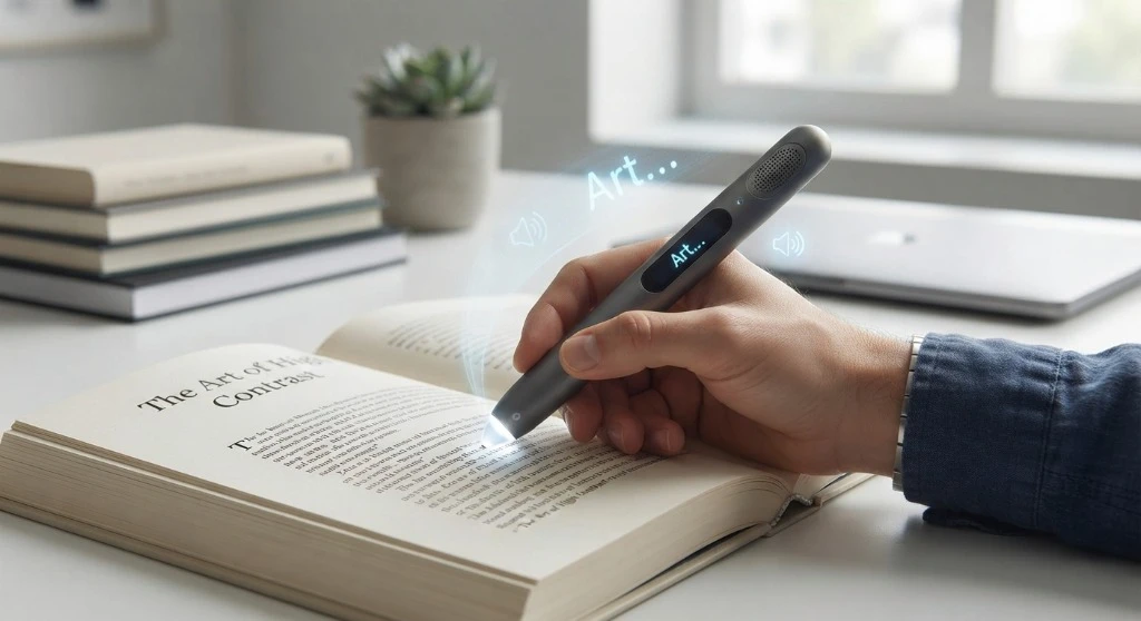Close-up of a student scanning printed text with a Scanmarker reading pen in a classroom