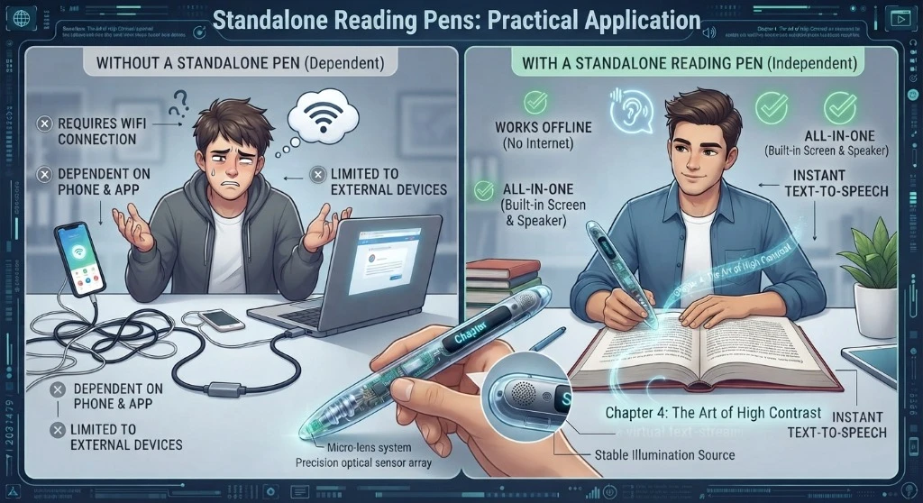 Diagram demonstrating standalone reading pen applications in K-12 classrooms, library study, and standardized testing environments